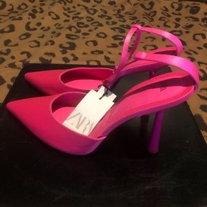 NWT Zara Pink Satin Ankle Pumps Heels